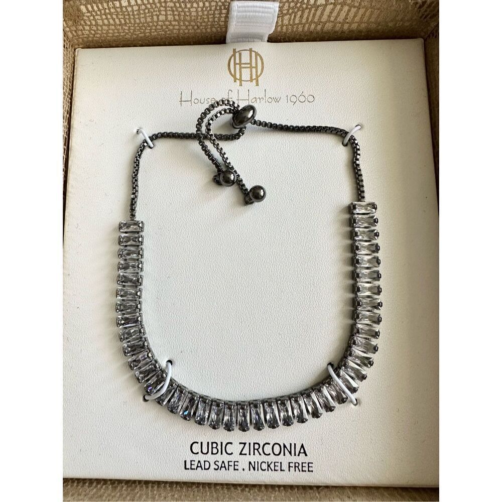 House of Harlow cubic zirconia friendship toggle gun metal bracelet